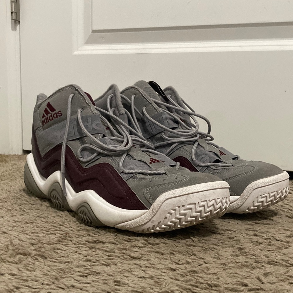 Adidas burgundy and grey basketball shoes